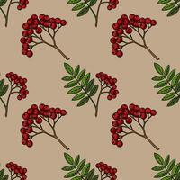 Seamless pattern of handdrawn rowan branches with red berries and green leaves on a beige background, perfect for autumnthemed designs and textile prints. vector