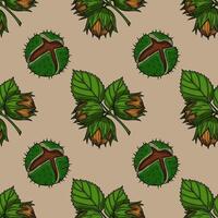 Seamless pattern of hazelnuts and chestnuts with green leaves on a beige background, creating a rustic autumnal design. vector
