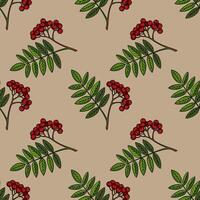 Seamless pattern of rowan branches with red berries and green leaves on a beige background, ideal for autumnal designs and textile prints. vector