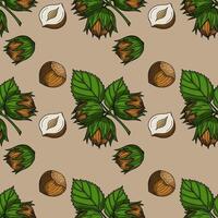 Seamless pattern with handdrawn hazelnuts, showcasing detailed leaves and nuts in shell and peeled, against a muted beige background, perfect for autumnal designs. vector