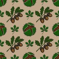 Seamless autumn pattern with handdrawn acorns, chestnuts, and oak and chestnut leaves on a beige background, perfect for fallthemed designs. vector