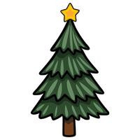 A charming illustration of a stylized Christmas tree with a golden star on top, featuring a handdrawn aesthetic and dark outlines. vector
