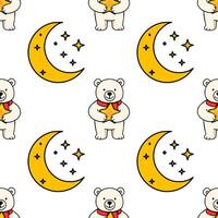 Seamless pattern featuring adorable polar bears in red scarves holding golden stars, accompanied by crescent moons and sparkling stars, creating a charming and whimsical night sky design. vector