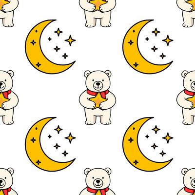 Seamless pattern featuring adorable polar bears in red scarves holding golden stars, accompanied by crescent moons and sparkling stars, creating a charming and whimsical night sky design.