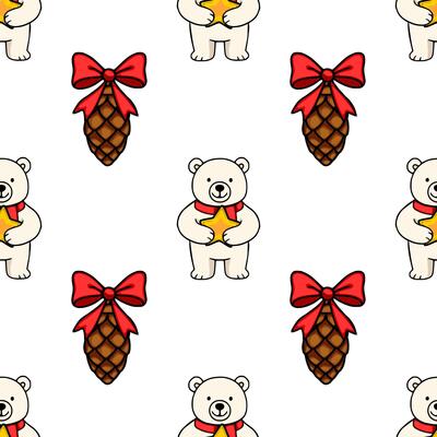 Seamless pattern featuring adorable polar bears holding golden stars, adorned with red bows on pine cones, creating a charming Christmas design.