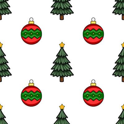 Seamless pattern featuring stylized Christmas trees and ornaments in red and green, perfect for festive designs and winter holiday backgrounds.