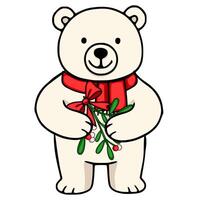 Adorable illustration of a cheerful polar bear wearing a red scarf and holding a sprig of mistletoe, perfect for festive designs. vector