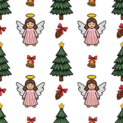Seamless Christmas pattern featuring cute angels, fir trees, bells, pine cones, and stars, perfect for festive designs and winter holidays.