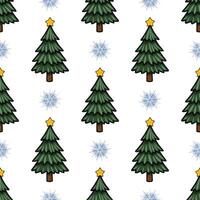 Seamless pattern featuring stylized Christmas trees adorned with golden stars and interspersed with delicate snowflakes on a pristine white background, ideal for festive designs. vector