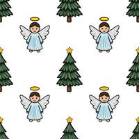 Seamless pattern featuring adorable cartoon angels with light blue robes and golden haloes, interspersed with charming green Christmas trees adorned with yellow stars. vector