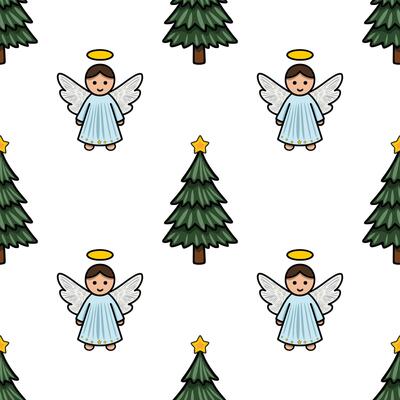 Seamless pattern featuring adorable cartoon angels with light blue robes and golden haloes, interspersed with charming green Christmas trees adorned with yellow stars.
