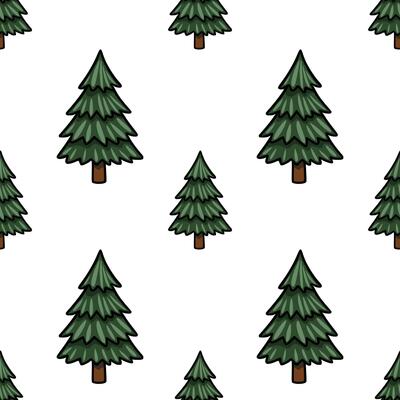 Seamless pattern with stylized evergreen trees, featuring dark green foliage and brown trunks, creating a simple yet charming natureinspired design.