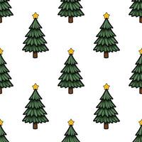 Seamless pattern of stylized Christmas trees with golden stars, perfect for festive backgrounds and winter designs. vector