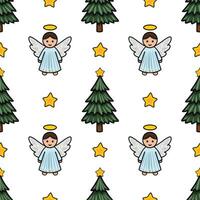 Seamless Christmas pattern featuring cute angels, fir trees, and golden stars, ideal for festive designs and winter holidays. vector