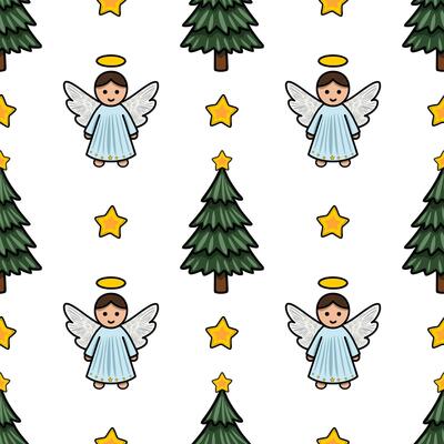 Seamless Christmas pattern featuring cute angels, fir trees, and golden stars, ideal for festive designs and winter holidays.