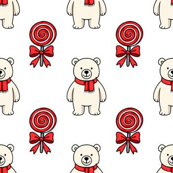 Seamless pattern featuring adorable polar bears in red scarves and red swirl lollipops with bows, creating a cheerful and festive winter design. vector