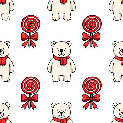 Seamless pattern featuring adorable polar bears in red scarves and red swirl lollipops with bows, creating a cheerful and festive winter design.