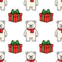 Seamless pattern featuring adorable polar bears wearing red scarves and festive red and green gift boxes, creating a charming Christmas design. vector