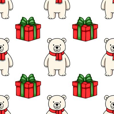 Seamless pattern featuring adorable polar bears wearing red scarves and festive red and green gift boxes, creating a charming Christmas design.
