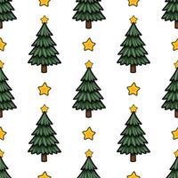 Seamless pattern of stylized Christmas trees with golden stars, perfect for festive winter designs and holiday backgrounds. vector