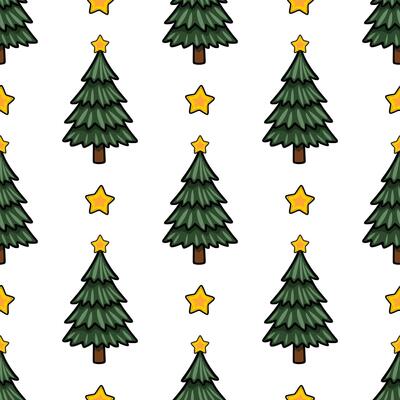 Seamless pattern of stylized Christmas trees with golden stars, perfect for festive winter designs and holiday backgrounds.