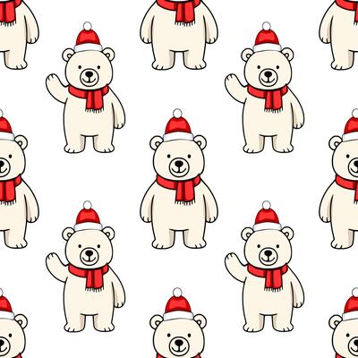 Seamless pattern of adorable polar bears wearing Santa hats and red scarves, perfect for festive winter designs.