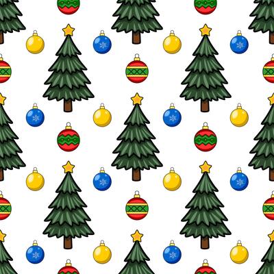 Seamless Christmas pattern with stylized fir trees, yellow and blue baubles, and red striped ornaments, creating a cheerful festive design.