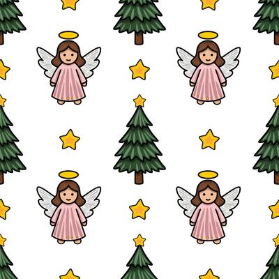 Seamless pattern featuring adorable angels, Christmas trees, and stars, perfect for festive designs and winter holidays.