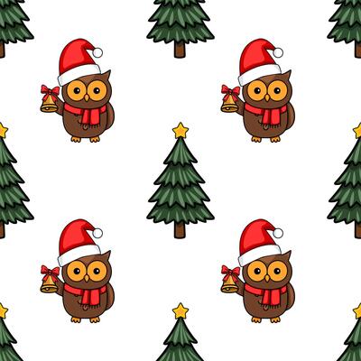 Seamless pattern featuring adorable cartoon owls in Santa hats holding bells, interspersed with charming Christmas trees, creating a festive and whimsical winter design.