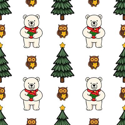 Seamless Christmas pattern with cute polar bears holding ornaments, owls with stars, and festive evergreen trees, creating a charming winter wonderland design.