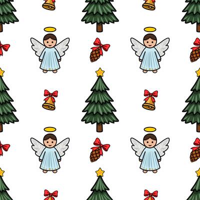 Seamless pattern featuring adorable angels, Christmas trees, bells, pine cones, and bows, perfect for festive designs and winter holidays.