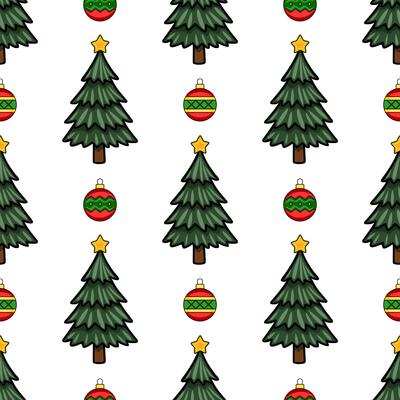 Seamless pattern featuring stylized Christmas trees, stars, and ornaments in a cheerful, cartoonish style, perfect for festive designs and winter holidays.