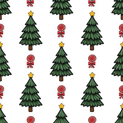 Seamless pattern featuring stylized Christmas trees adorned with yellow stars and accompanied by red lollipops with bows, creating a festive and cheerful winter design.