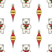 Seamless pattern featuring adorable polar bears in red scarves holding Christmas ornaments and stylized red and gold Christmas tree decorations on a white background, perfect for festive des... vector