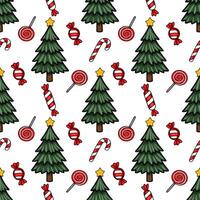 Seamless pattern featuring charming Christmas trees adorned with golden stars, alongside vibrant lollipops, candy canes, and wrapped sweets, creating a festive and joyful winter wonderland d... vector