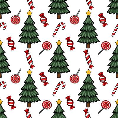 Seamless pattern featuring charming Christmas trees adorned with golden stars, alongside vibrant lollipops, candy canes, and wrapped sweets, creating a festive and joyful winter wonderland d...