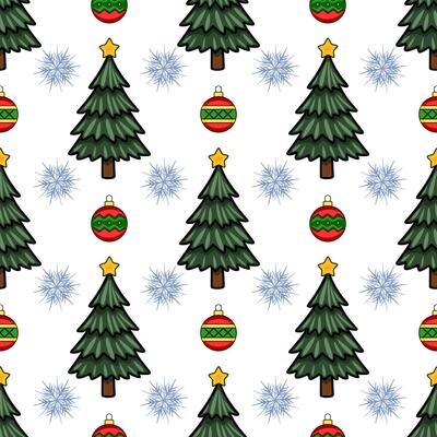 Seamless pattern featuring stylized Christmas trees, snowflakes, and ornaments in a cheerful, cartoonish style, perfect for festive designs and winter celebrations.