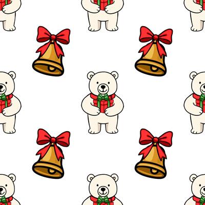 Seamless pattern featuring adorable polar bears holding Christmas presents and golden bells with red bows, creating a cheerful festive design perfect for winter holidays.