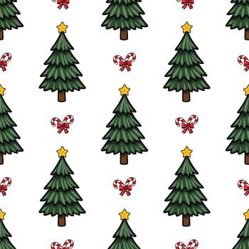 Seamless pattern featuring stylized Christmas trees adorned with yellow stars, complemented by candy canes tied with red bows, creating a festive winter design. vector