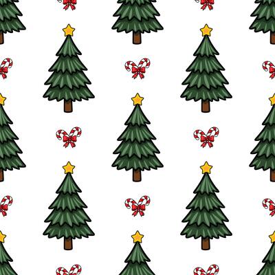 Seamless pattern featuring stylized Christmas trees adorned with yellow stars, complemented by candy canes tied with red bows, creating a festive winter design.