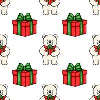 Seamless pattern featuring adorable polar bears holding Christmas presents, red and green gift boxes with bows, creating a cheerful holiday design ideal for festive backgrounds and wrapping... vector