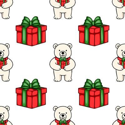 Seamless pattern featuring adorable polar bears holding Christmas presents, red and green gift boxes with bows, creating a cheerful holiday design ideal for festive backgrounds and wrapping...