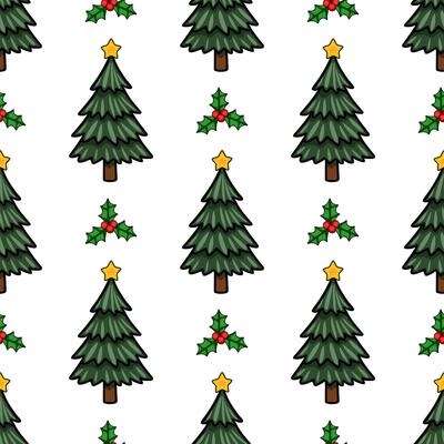 Seamless pattern of stylized Christmas trees with golden stars and holly berries, creating a cheerful festive design perfect for winter holidays.