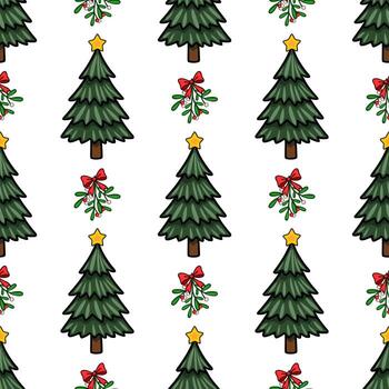 Seamless Christmas pattern featuring stylized Christmas trees adorned with yellow stars, complemented by mistletoe sprigs tied with red bows, creating a festive and cheerful winter design. vector