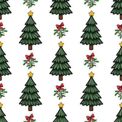 Seamless Christmas pattern featuring stylized Christmas trees adorned with yellow stars, complemented by mistletoe sprigs tied with red bows, creating a festive and cheerful winter design.
