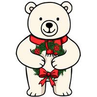 Adorable illustration of a cheerful polar bear wearing a red scarf and holding a Christmas wreath, perfect for festive designs. vector