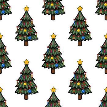 sin costura modelo de encantador Navidad arboles adornado con vistoso adornos, caramelo bastones, y un estrella, creando un festivo y alegre invierno fiesta diseño. vector