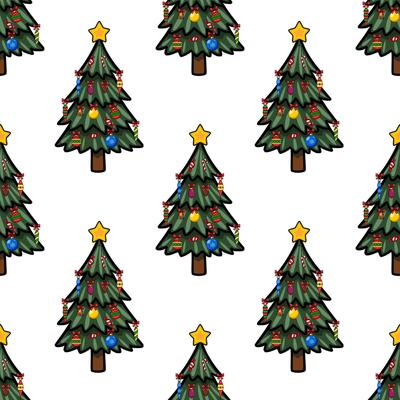 Seamless pattern of charming Christmas trees adorned with colorful ornaments, candy canes, and a star, creating a festive and joyful winter holiday design.