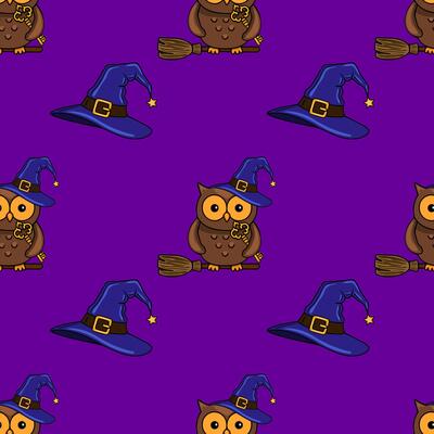 Seamless Halloween pattern with cute owls on broomsticks, witch hats, and golden keys on a vibrant purple background, perfect for festive designs.