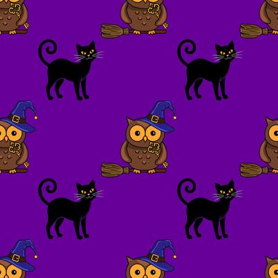 Seamless Halloween pattern featuring cute owls on broomsticks, holding keys, and black cats with curled tails on a vibrant purple background.